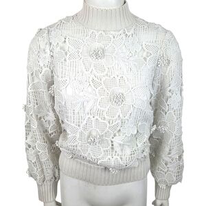 Badgley Mischka Crochet Mock Neck Sweater Womens XS White Long Sleeve